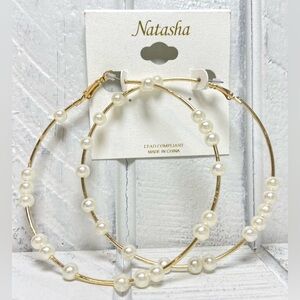 Natasha Jewelry Faux Pearl Gold Hoop Earrings 3.5” Fashion Accessory NWT